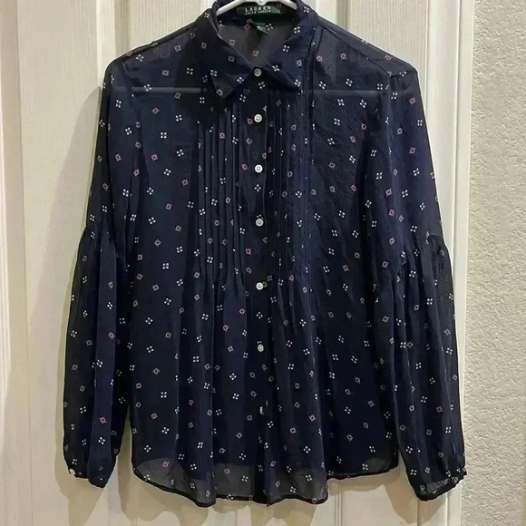 LAUREN RALPH LAUREN 100% Silk Blouse Top Button Down Small Pattern Sz M Navy - Picture 1 of 8